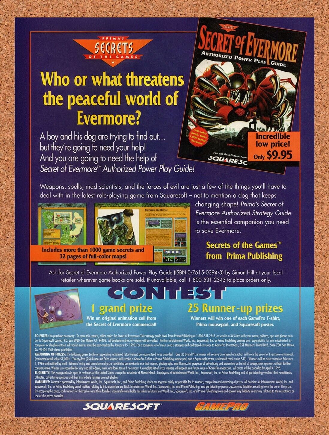 1995 Secret Of Evermore Prima Contest Original Advertisement / Retro Wall Art v