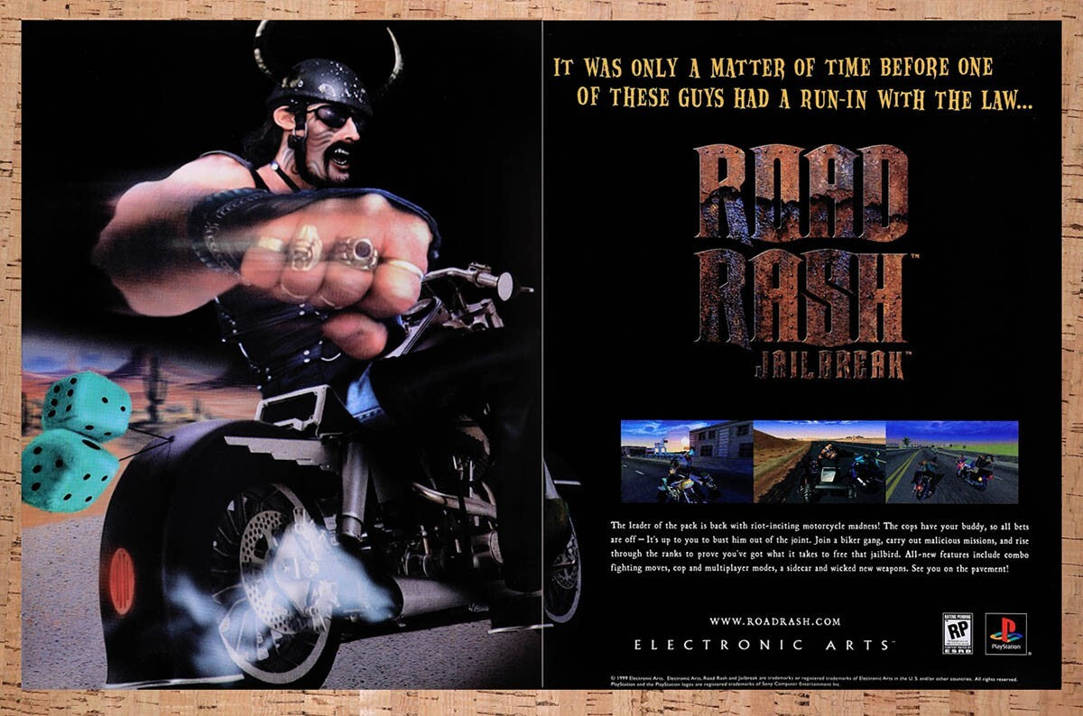 1999 Road Rash Jailbreak PS1 Original Advertisement / Retro Wall Art v1