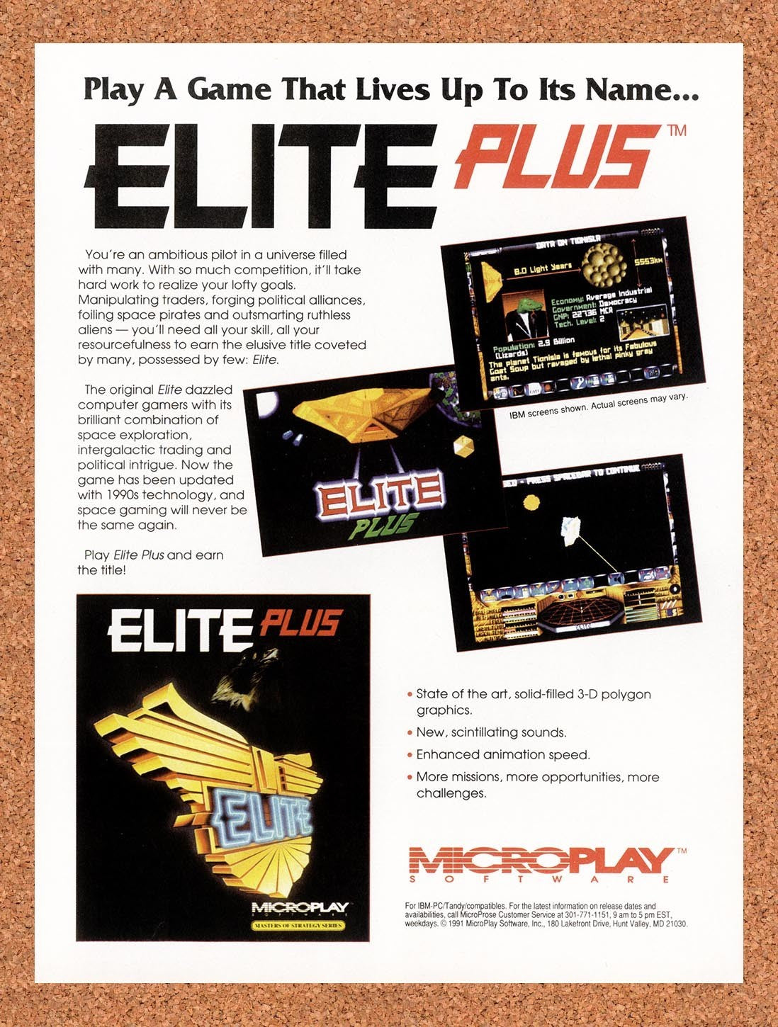 1991 Elite Plus PC Original Advertisement / Retro Promo v1