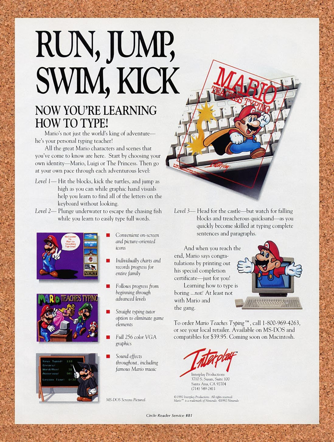 1992 Mario Teaches Typing MS-DOS Original Advertisement / Retro Promo v1