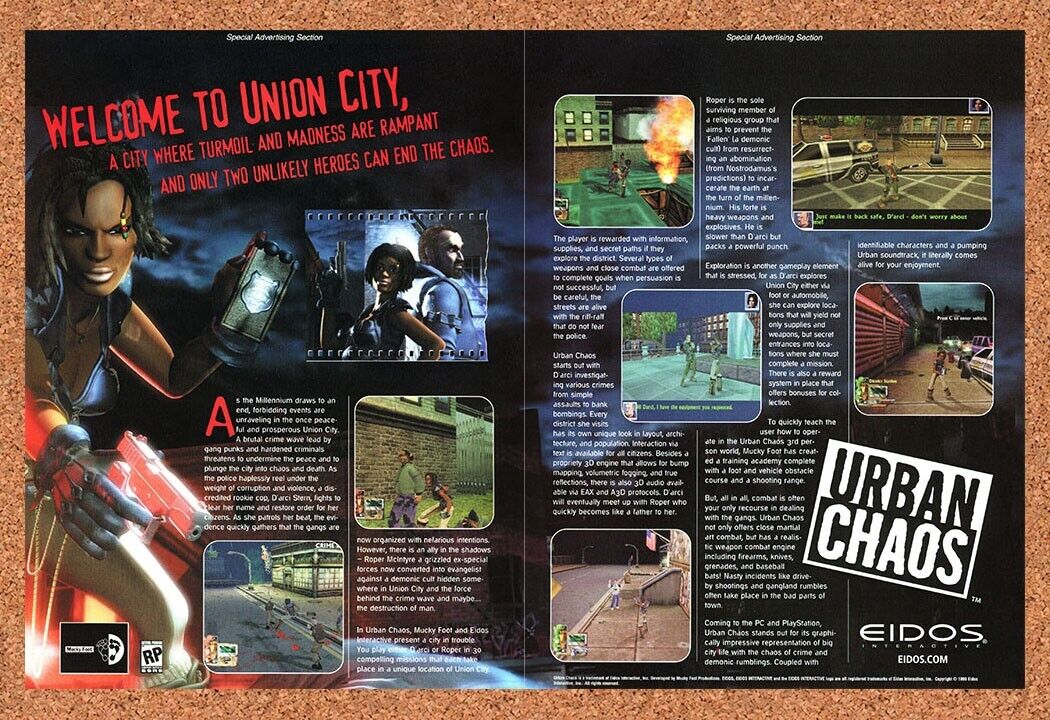 Urban Chaos PC Original 1999 Ad Authentic Mucky Foot Action Video Game Promo v3