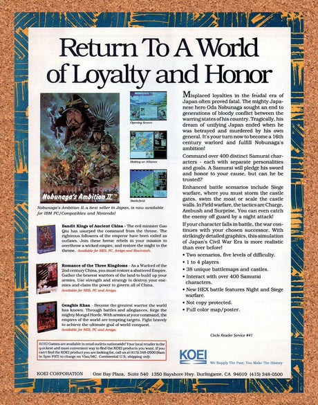 Nobunaga's Ambition 2 PC Original 1991 Vintage Ad - Video Game Promo