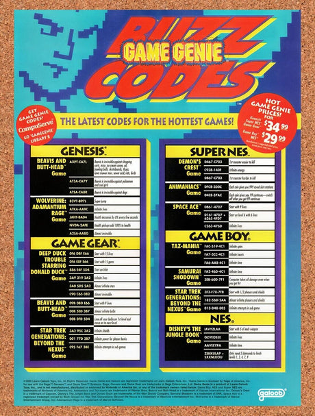 1995 Game Genie Buzz Codes Original Advertisement / Retro Wall Art v7