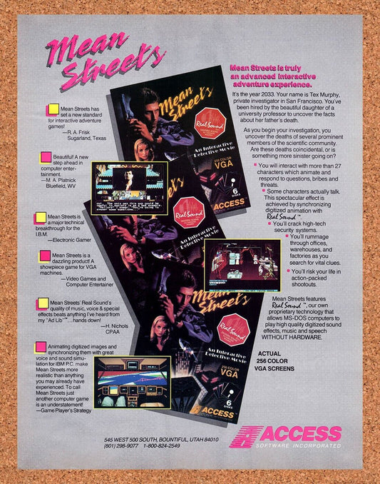 Mean Streets MS-DOS Original 1989 Vintage Ad - Video Game Promo