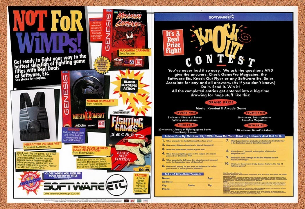 1994 Software ETC Not Just For Wimps Video Game Knockout Contest Original Ad v3