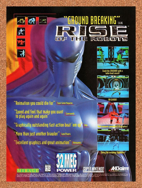 1995 Rise Of The Robots SNES Original Advertisement / Retro Wall Art v1