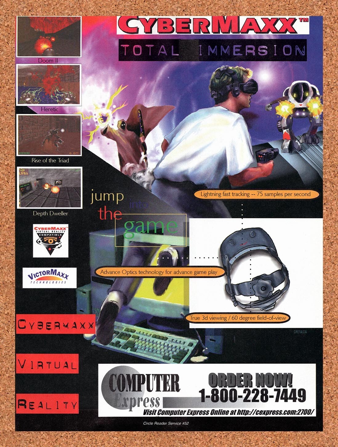 1995 CyberMaxx Virtual Reality Headset Original Ad / Retro Wall Art v1