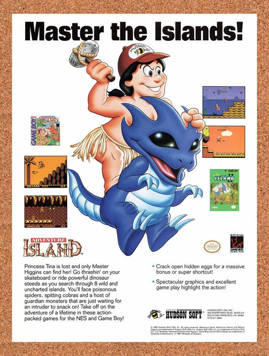 1991 Adventure Island NES Original Advertisement / Retro Wall Art v1