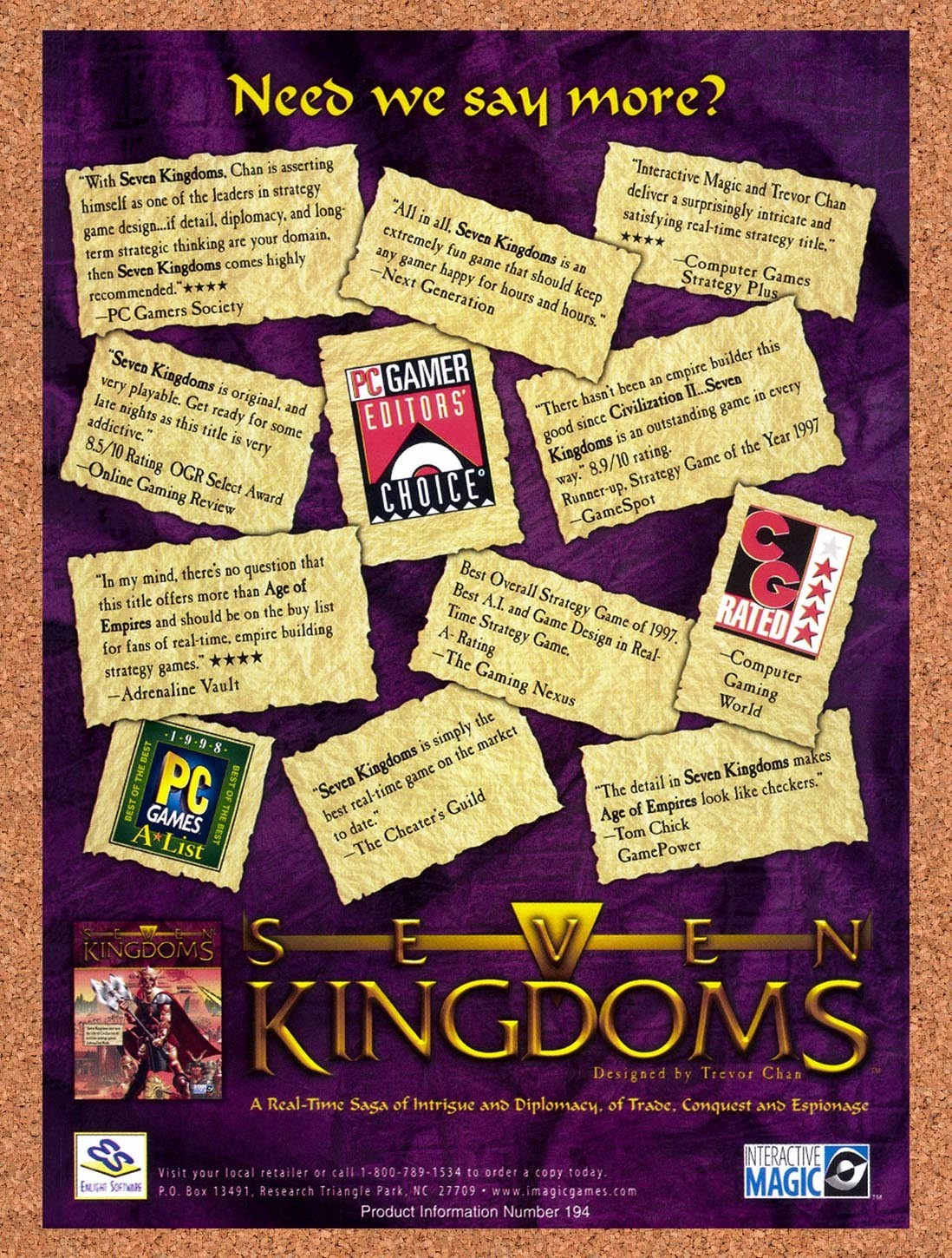 1998 Seven Kingdoms Need We Say More. Ad Original Advertisement / Retro Promo v4