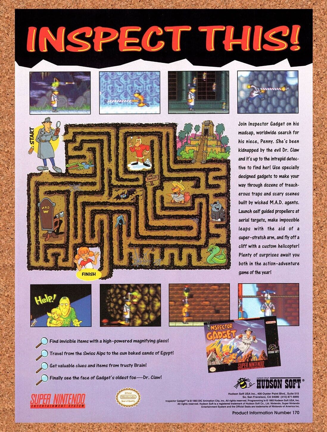 1992 Inspector Gadget SNES Original Advertisement / Retro Wall Art v1