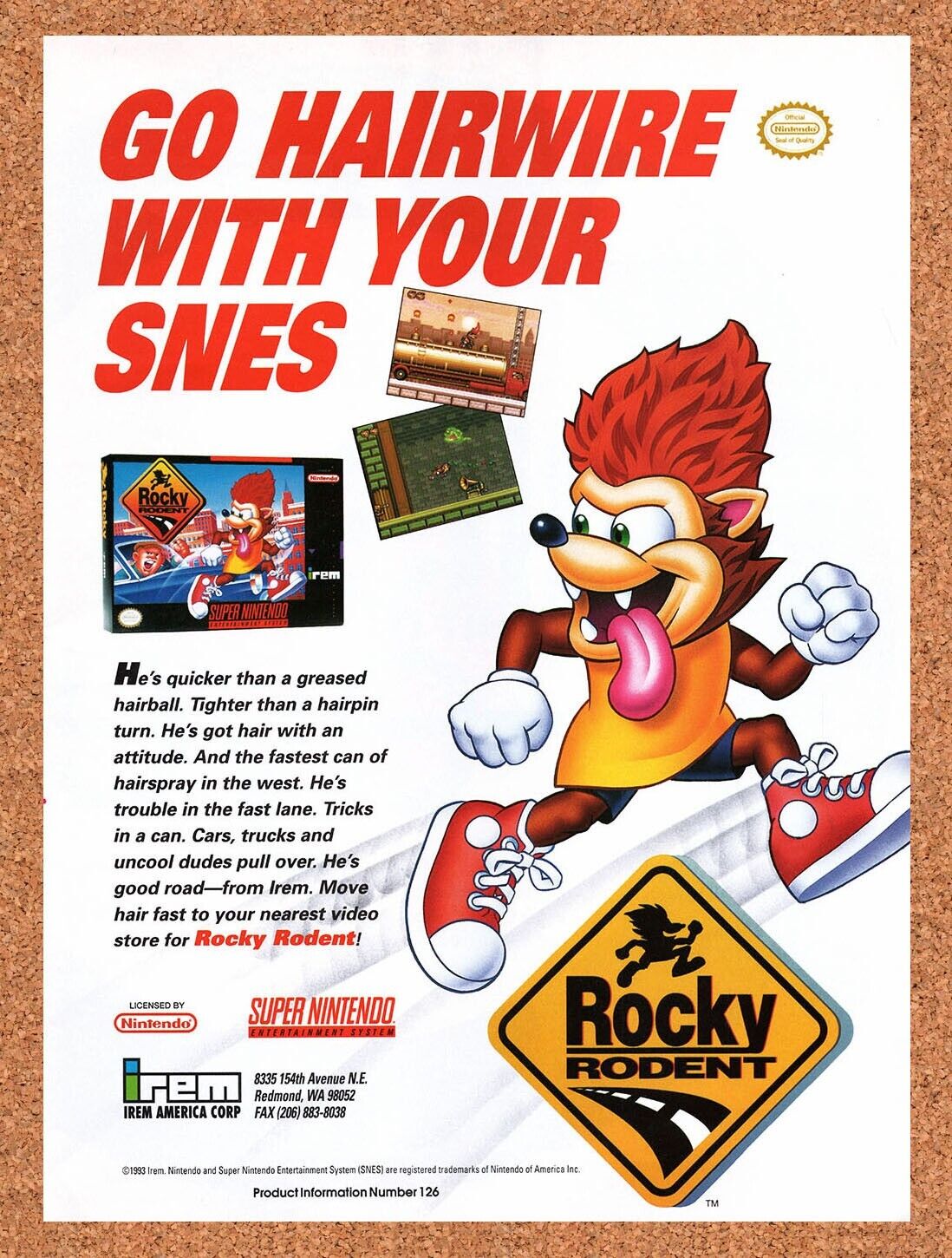 1992 Rocky Rodent SNES Original Advertisement / Retro Wall Art v2