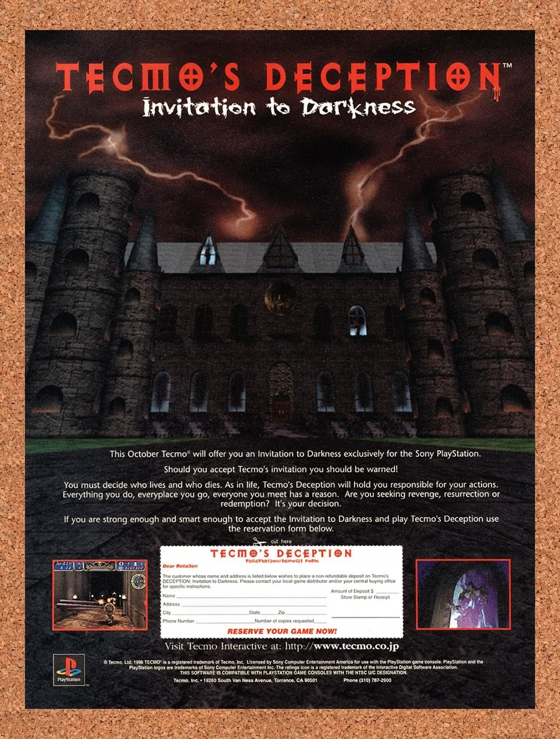 1996 Tecmos Deception Invitation To Darkness PS1 Original Ad / Promo v1