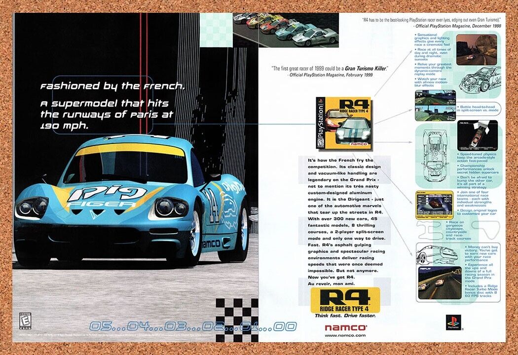 1999 Ridge Racer Type 4 PS1 Original Advertisement / Retro Wall Art v1