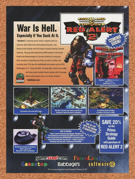 Red Alert 2 PC Original 2001 Ad Authentic FuncoLand GameStop Video Game Promo