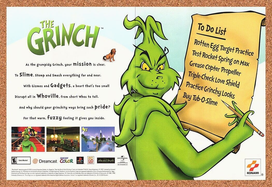 The Grinch PS1 Original 2001 Print Ad Authentic Konami Video Game Promo Wall Art