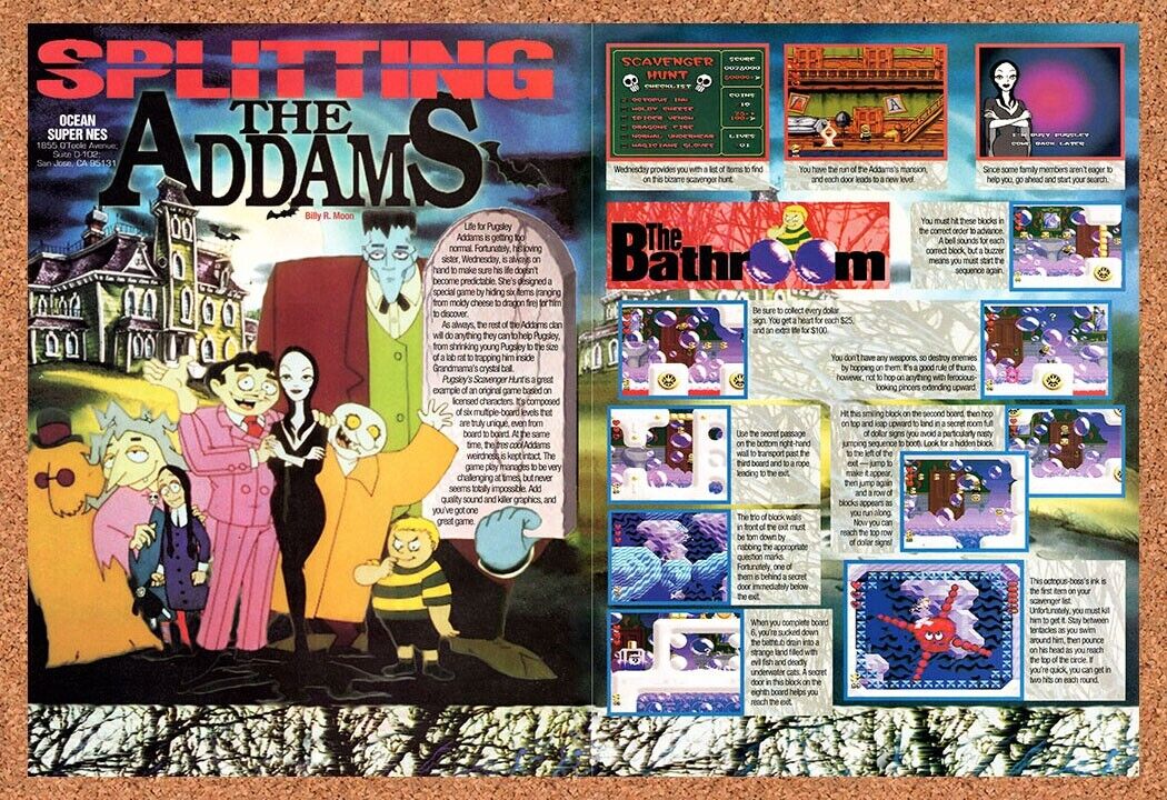 1992 Addams Family Pugsleys Scavenger Hunt SNES Original Ad / Retro Wall Art v2