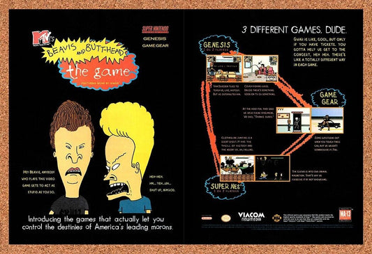 Beavis & Butthead SNES Original 1993 Print Ad Authentic MTV Video Game Art Promo