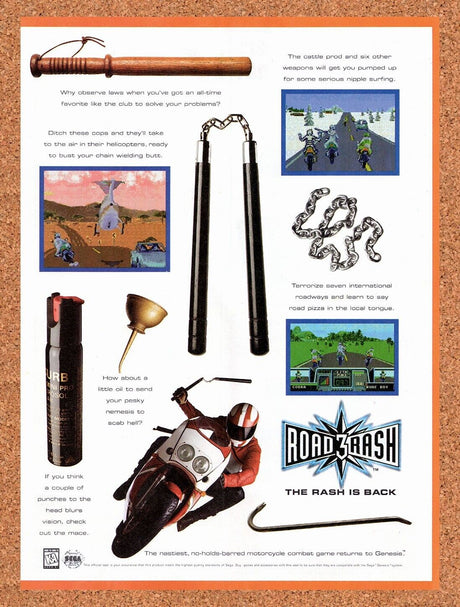 1995 Road Rash 3 Genesis Original Advertisement / Retro Wall Art v3