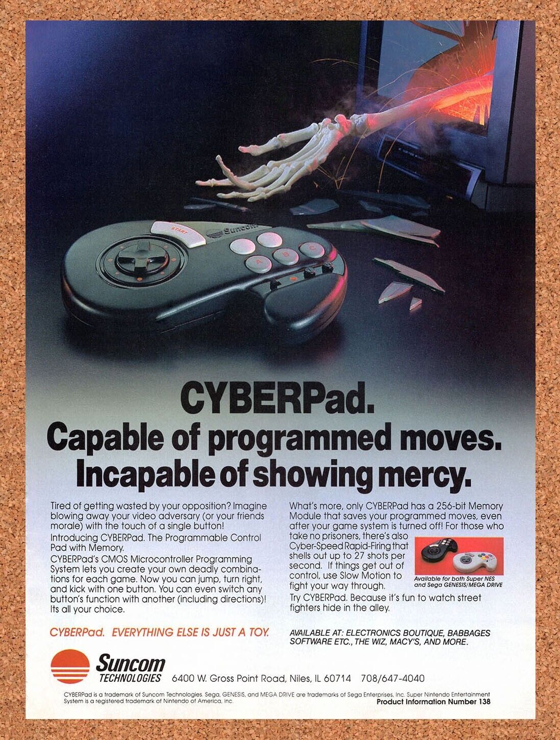 1992 Suncom CyberPad Programmable Controller Original Ad / Retro Wall Art v1