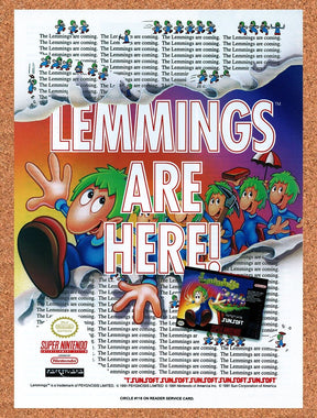 1992 Lemmings SNES Original Advertisement / Retro Wall Art v1