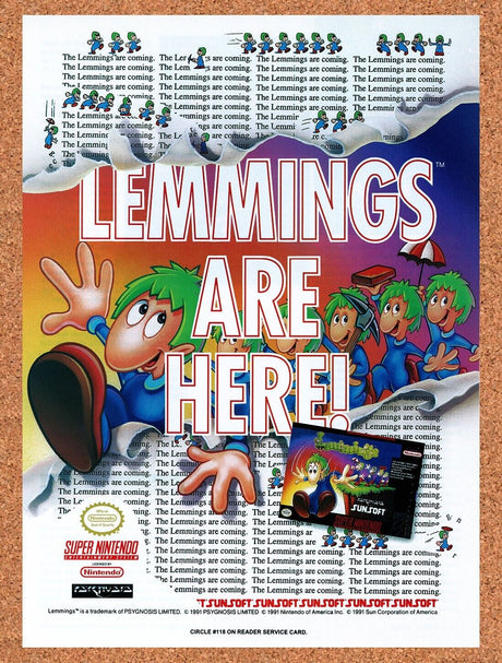 1992 Lemmings SNES Original Advertisement / Retro Wall Art v1