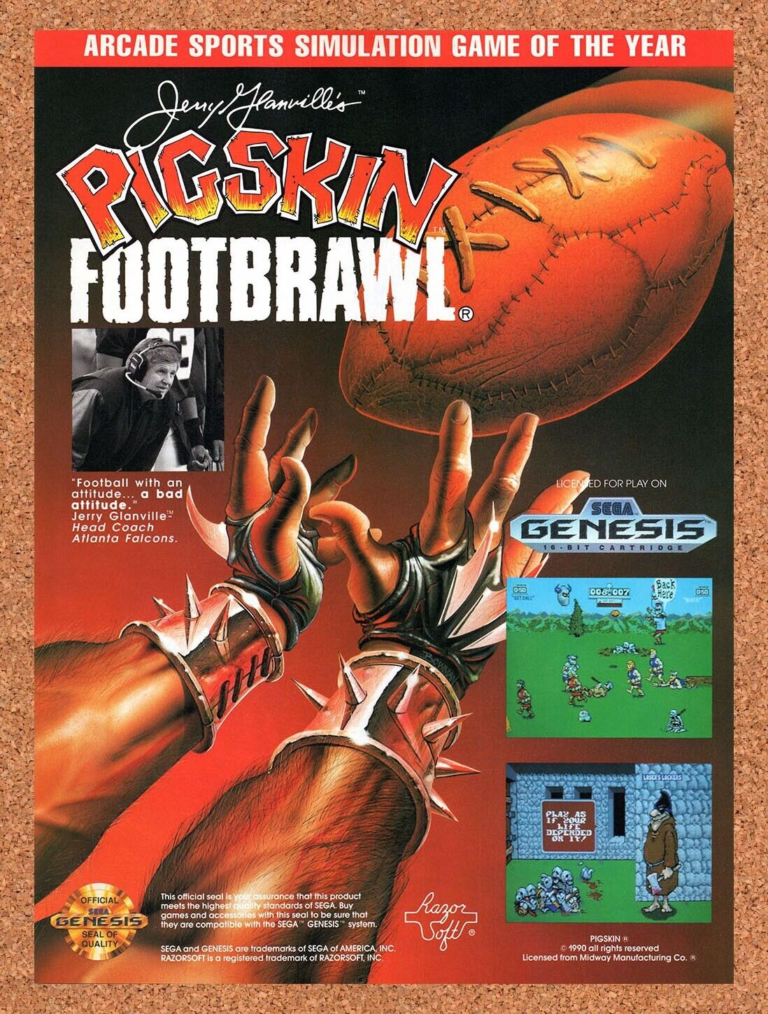 1992 Pigskin Footbrawl  Genesis Original Advertisement / Retro Wall Art v1