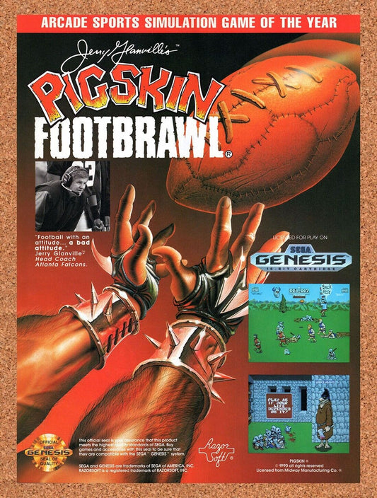 1992 Pigskin Footbrawl  Genesis Original Advertisement / Retro Wall Art v1