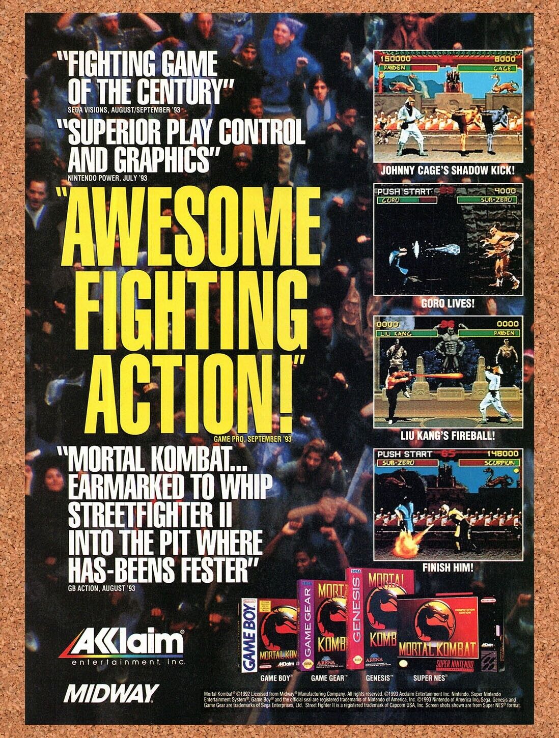 1992 Mortal Kombat SNES Original Advertisement / Retro Wall Art v18