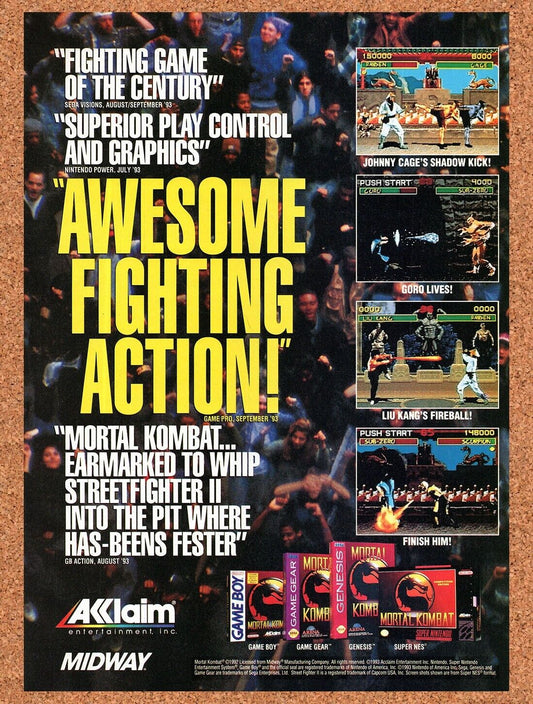 1992 Mortal Kombat SNES Original Advertisement / Retro Wall Art v18
