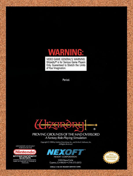 1990 Wizardry Proving Grounds Of The Mad Overlord NES Original Ad / Wall Art v1