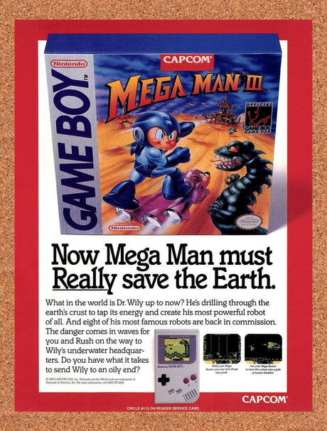 1992 Mega Man III Game Boy Original Advertisement / Retro Wall Art v3