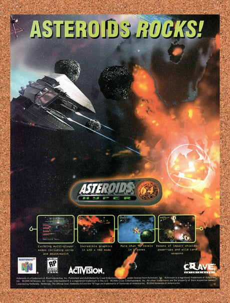 1999 Asteroids Hyper 64 N64 Original Advertisement / Retro Wall Art v2