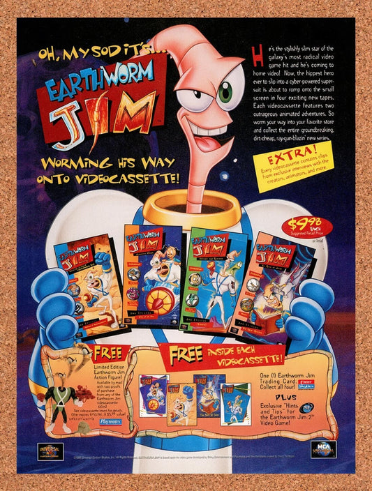 1995 Earthworm Jim Animated VHS Original Advertisement / Retro Wall Art v13