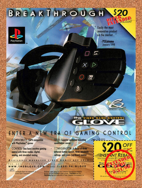 1998 Video Game Control Glove PS1 Original Advertisement / Retro Wall Art v2