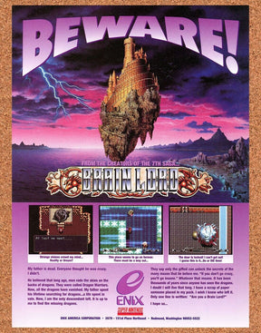 Brain Lord SNES Original 1994 Print Ad Authentic Squaresoft Video Game Art Promo