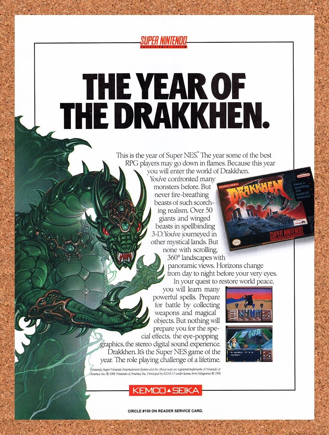 1992 Drakkhen SNES Original Advertisement / Retro Wall Art v2