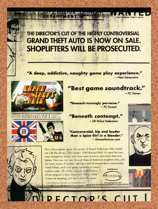 1998 Grand Theft Auto Directors Cut  PC Original Ad / Retro Wall Art v2
