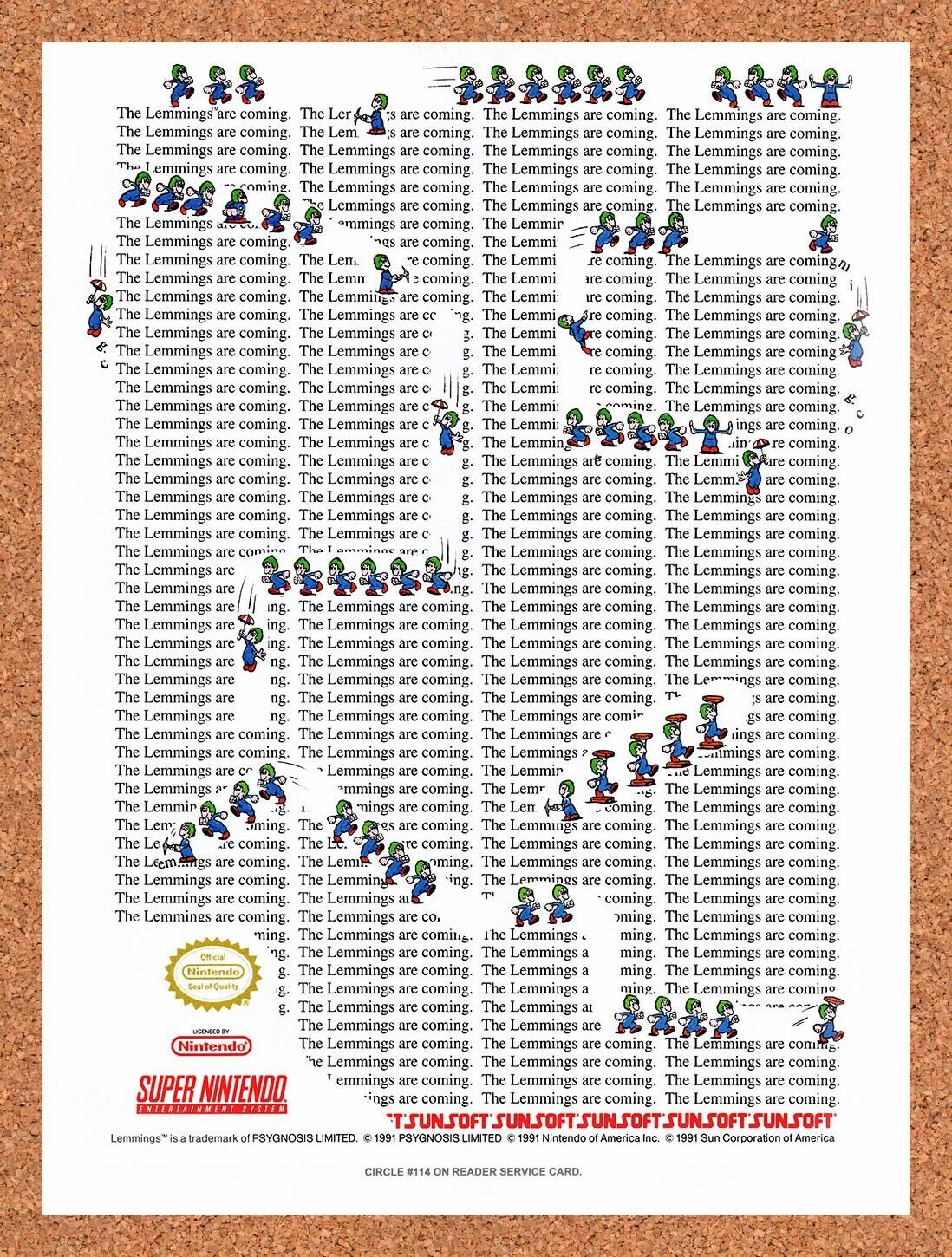 1992 Lemmings SNES Original Advertisement / Retro Wall Art v4