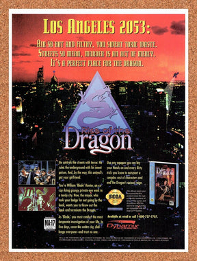 1995 Rise Of The Dragon Sega CD Original Advertisement / Retro Wall Art v1