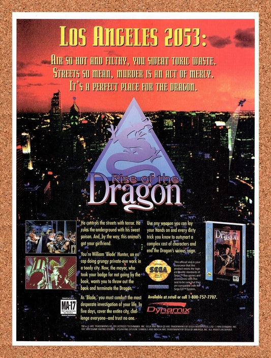 1994 Rise Of The Dragon Sega CD Original Advertisement / Retro Wall Art v1