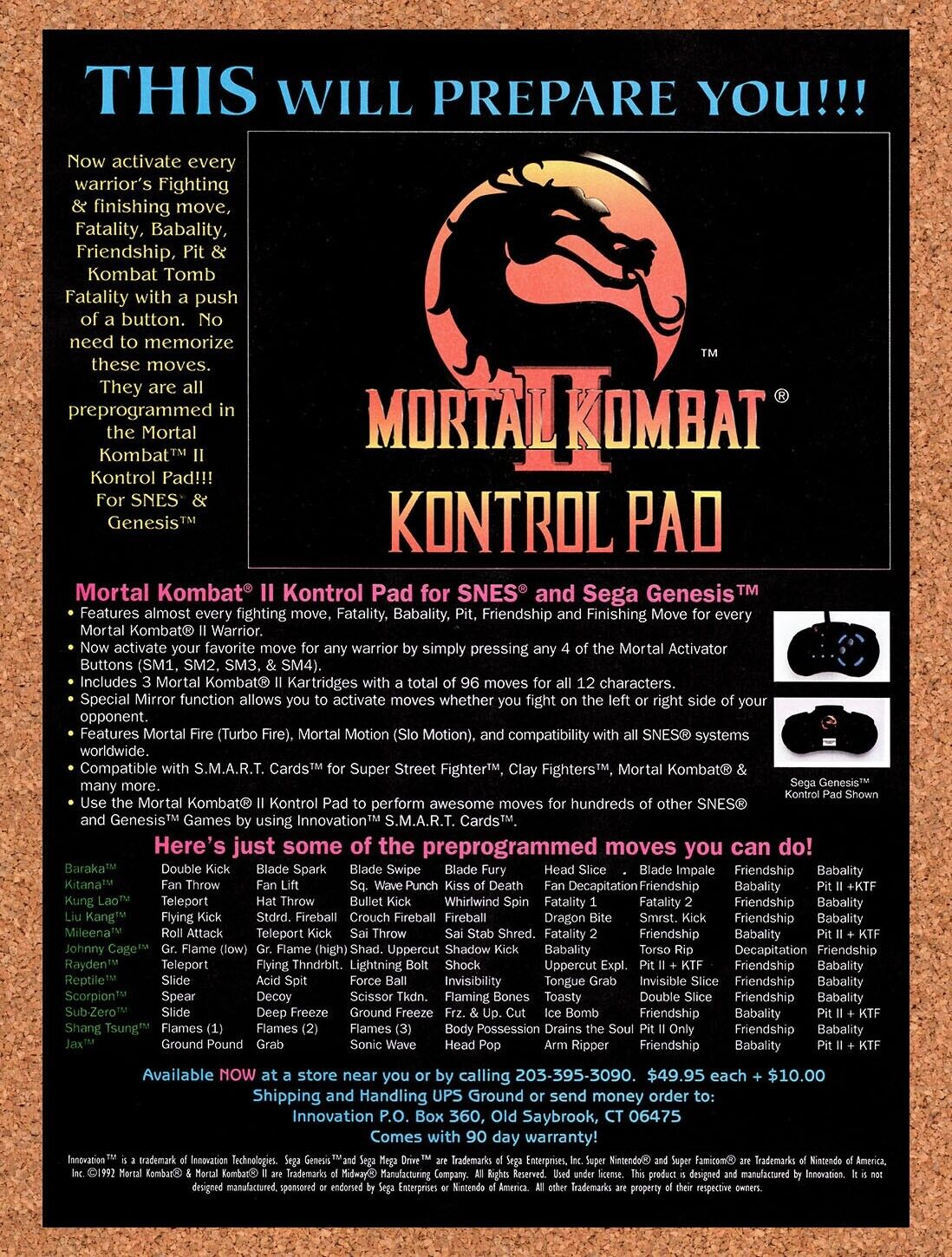 1993 Mortal Kombat Kontrol Pad Original Advertisement / Retro Wall Art v17