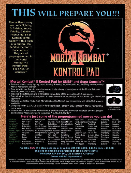 1993 Mortal Kombat Kontrol Pad Original Advertisement / Retro Wall Art v17