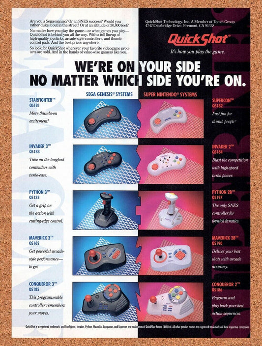 1993 QuickShot Nintendo Genesis Accessories Original Ad / Retro Wall Art v2