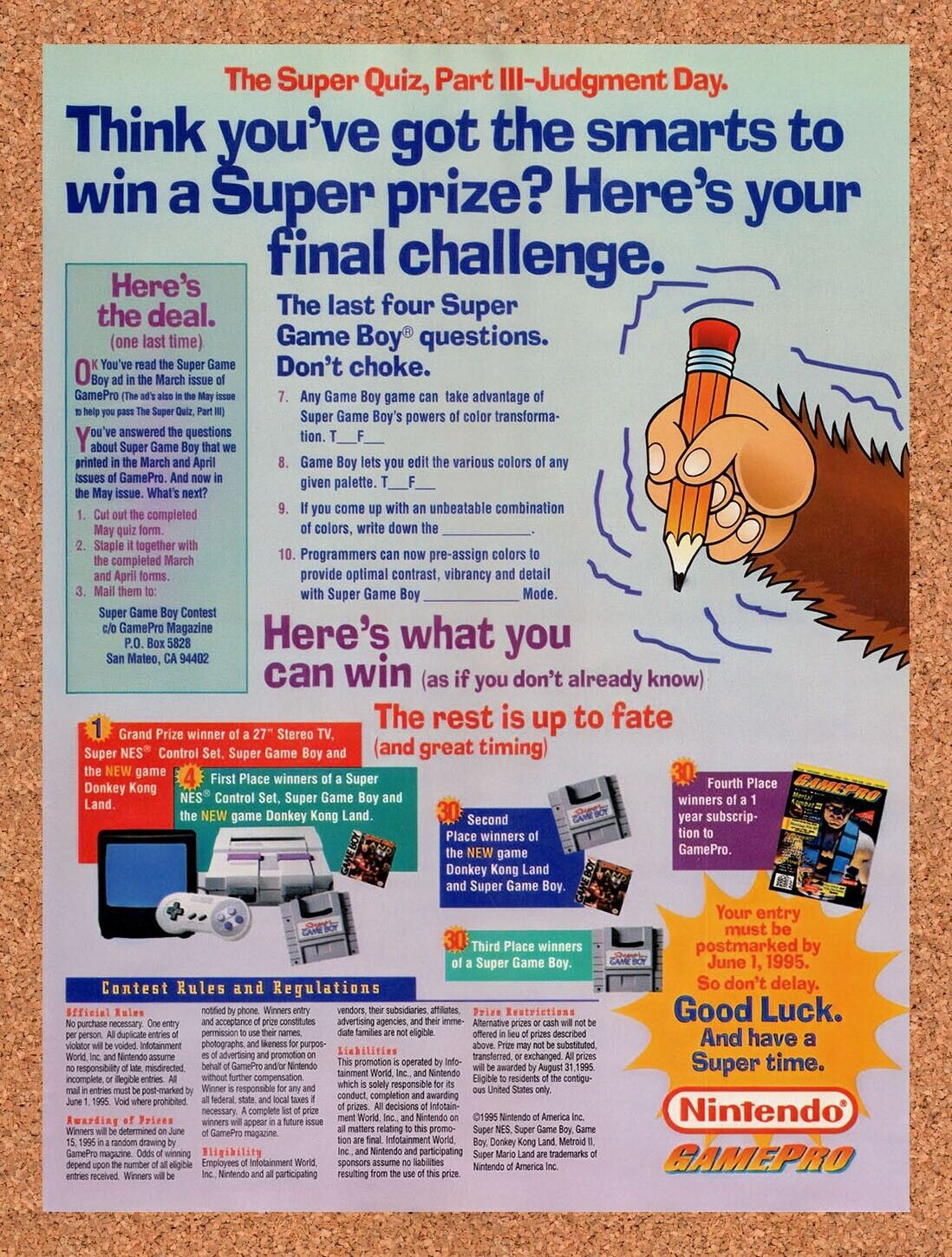 1995 Super Game Boy Pop-Quiz Original Advertisement / Retro Wall Art v4