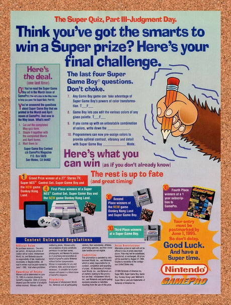 1995 Super Game Boy Pop-Quiz Original Advertisement / Retro Wall Art v4