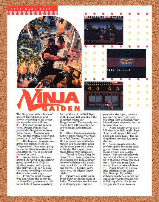 1990 Ninja Gaiden Game Gear Original Advertisement / Retro Wall Art v3