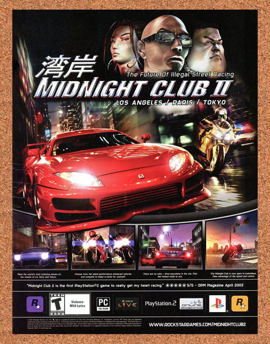 Midnight Club II PS2 Original 2003 Print Ad Authentic Rockstar Video Game Promo