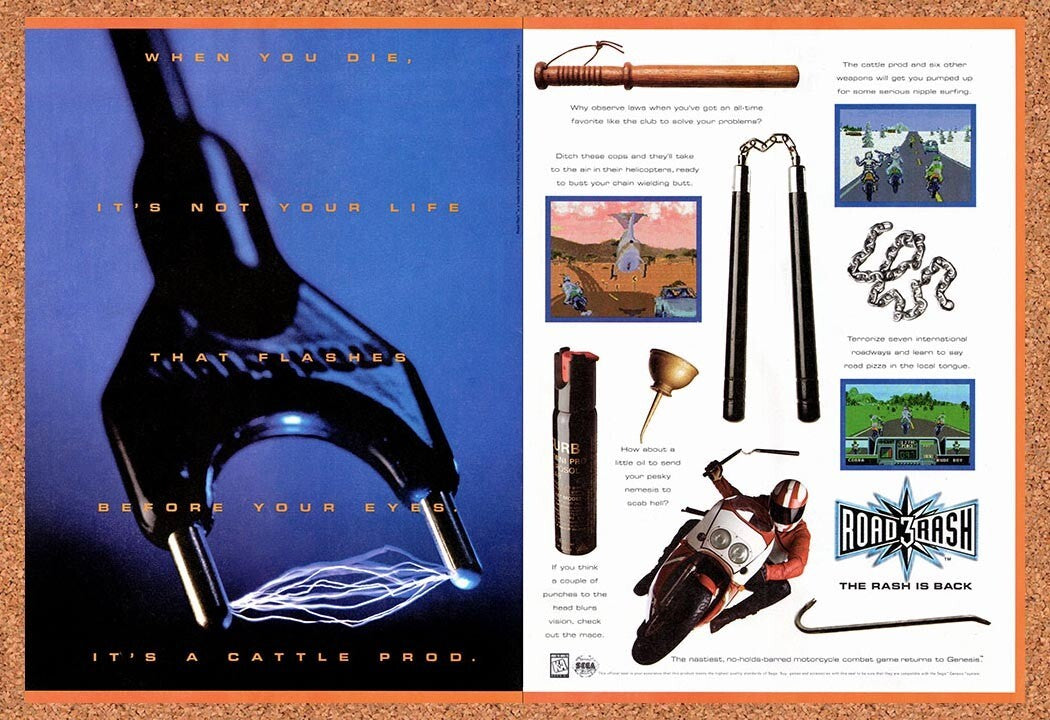 1994 Road Rash 3 Genesis Original Advertisement / Retro Wall Art v2