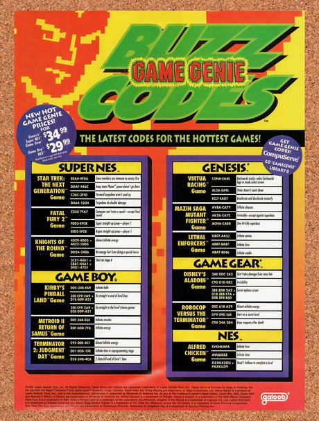 1994 Game Genie Buzz Codes Original Advertisement / Retro Wall Art v8