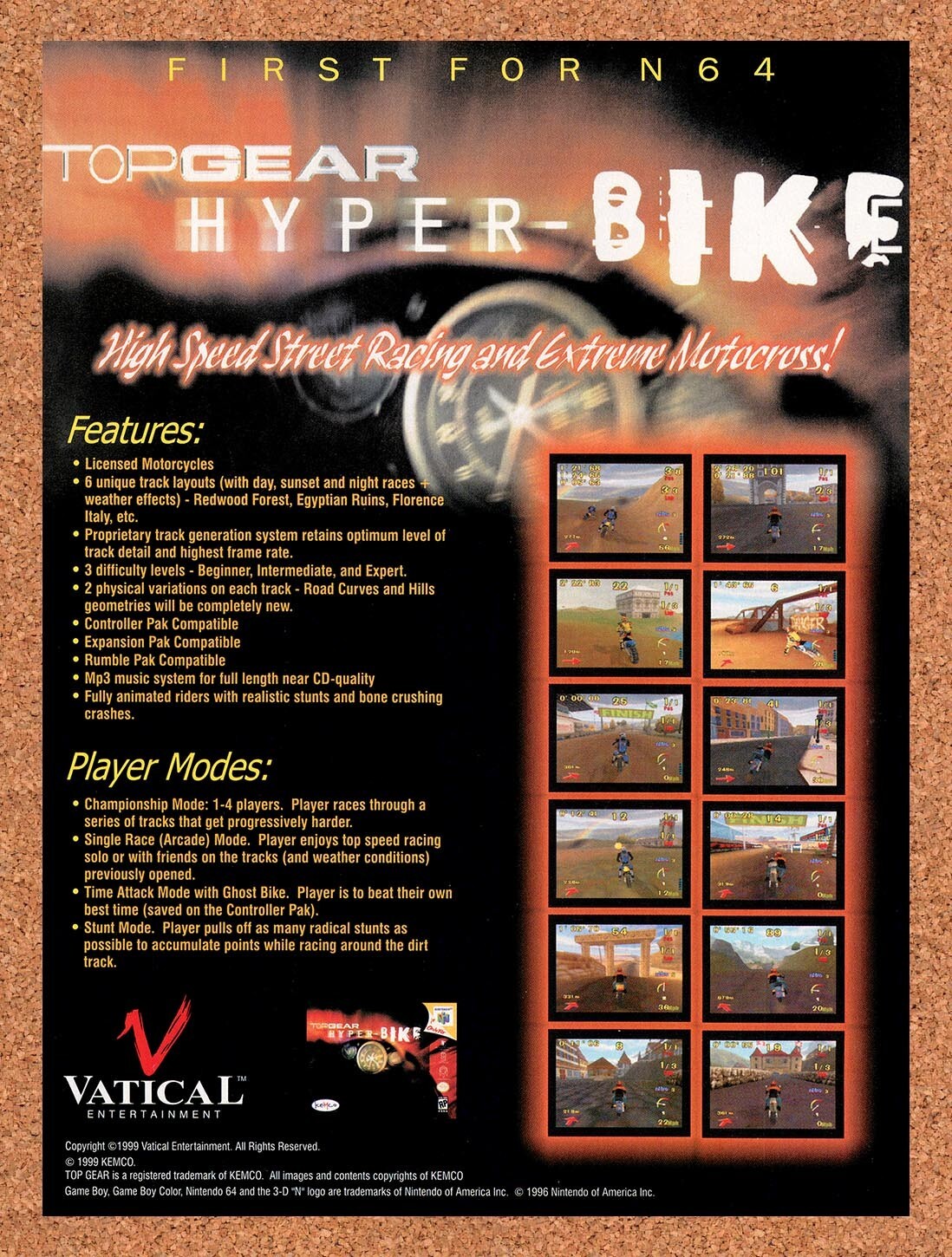 1999 Top Gear Hyper-Bike N64 Original Advertisement / Retro Wall Art v2